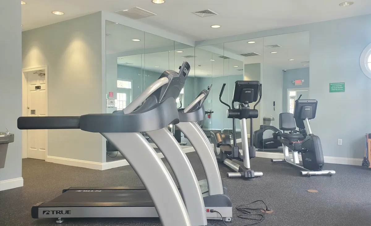 A modern fitness center featuring a treadmill, elliptical machine, and exercise bike arranged by large windows. The room is bright and inviting, designed for guests to enjoy an energizing workout together or solo.